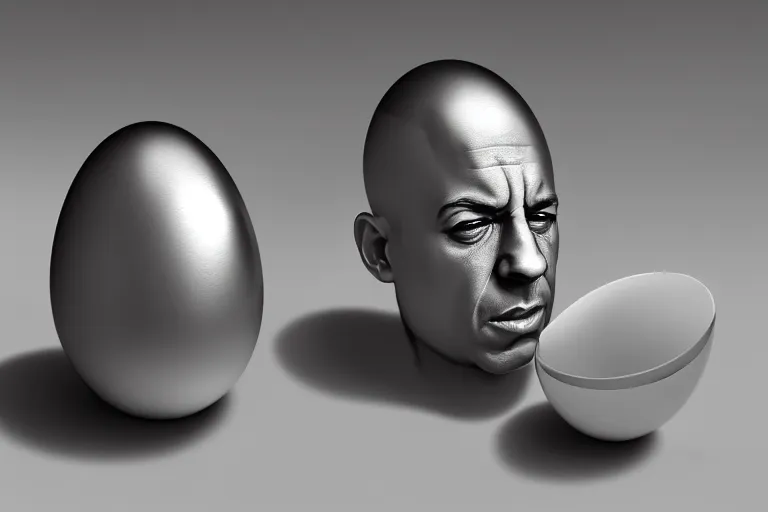 Image similar to egg cup with vin diesel head inside, silver egg cup, head is an egg, hyper detailed, digital art, artstation, cinematic lighting, studio quality, smooth render, by boris vallejo, android jones, artgerm, caravaggio