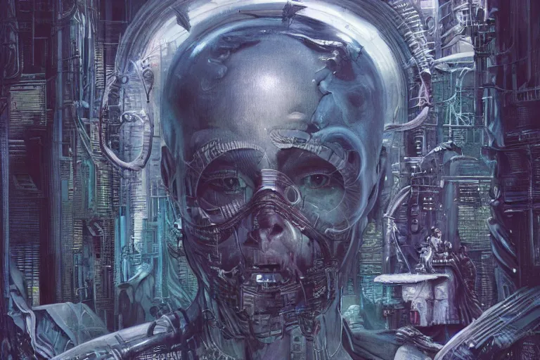 Image similar to highly detailed concept art of neuromancer characters, dystopian post - apocalyptic retrofuturistic neon vibe, an ultrafine detailed painting by hans giger and wayne barlowe, trending on deviantart, pop surrealism, whimsical, lowbrow, perfect symmetrical face, sharp focus, octane, masterpiece