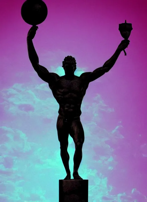 Image similar to statue of atlas holding the world, beeple, vaporwave, retrowave, black background, neon wiring, black, glitch, strong contrast, cuts, pinterest, trending on artstation