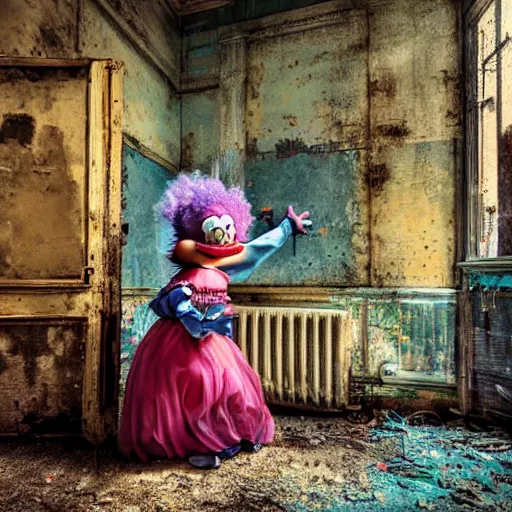 Prompt: UHD photo of Krusty The Clown in an abandoned building, by Annie leibowitz, photorealisitc ,detailed