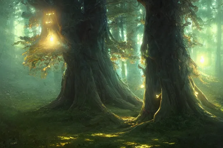 Prompt: a glowing tree in an enchanted forest, highly detailed, digital painting, artstation, concept art, sharp focus, illustration, art by greg rutkowski