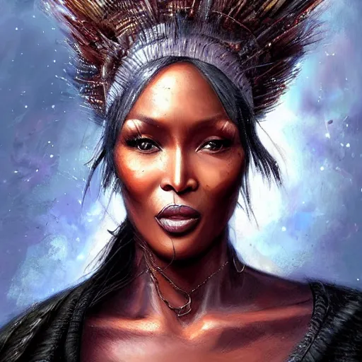 Image similar to beautiful, very strong, naomi campbell, middle aged, face, no makeup, no tattoos, warrior, battle hardened, head shot, fantasy, highly detailed, digital painting, artstation, concept art, sharp focus, illustration, art by jodie muir and brom