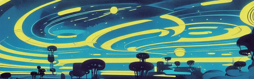 Image similar to 7 0 s sci - fi space station interior, retrofuturism, gouache, trees, animated film, stylised, illustration, by eyvind earle, scott wills, genndy tartakovski