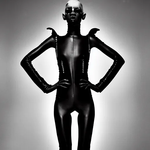 Image similar to black and white fashion photography of an extraterrestrial model, with 4 arms, wearing demobaza fashion, inside berghain, berlin fashion, harness, futuristic fashion, dark minimal outfit, photo 3 5 mm leica, hyperdetail, berghain, 8 k, very detailed, photo by nick knight