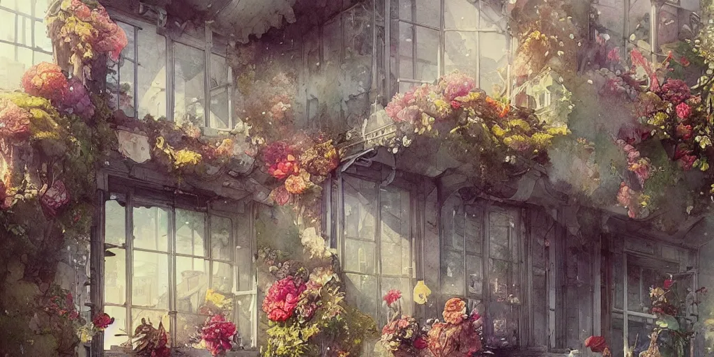 Prompt: a beautiful insanely intricate watercolor illustration of modern flower still life in the windows, colorfull, by william turner art, by greg rutkowski, by james jean, by rossdraws, by frank franzzeta, by sakimichan, by edmund dulac, trending on artstation, insanely detailed, masterpiece,