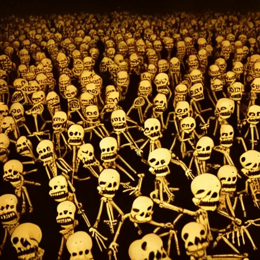 Prompt: photo, a giant crowd of shiny refective black latex claymation skeletons by ray harryhausen dancing inside a colorful underground ussr night club