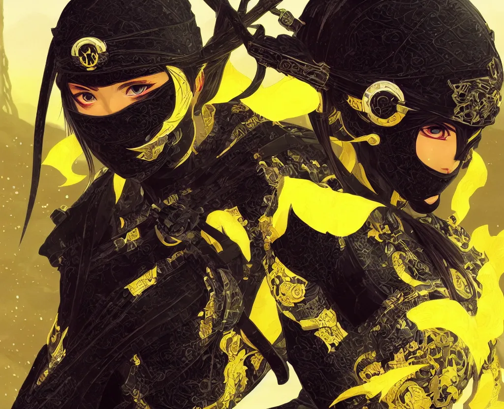 Image similar to portrait ninja gaiden girl, black plus yellow ninja wardrobe, at snowy fuji mountain sunrise, ssci - fi and fantasy, intricate and very very beautiful, detailed, digital painting, artstation, concept art, smooth and sharp focus, illustration, art by tian zi and wlop and alphonse mucha