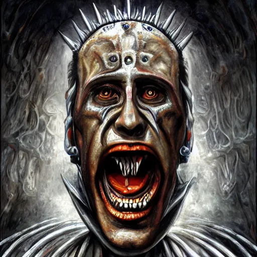 Prompt: Nicolas Cage as god of chaos screaming biomechanical, intricate, smooth, artstation, painted by Hans Giger