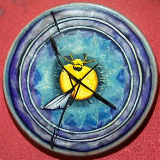 Image similar to a Wiccan ritual spell with a bumblebee placed in the middle of a bullseye, art nouveau