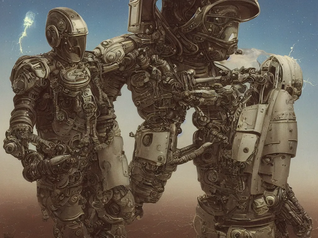 Image similar to a detailed portrait painting of a science fiction pilot in combat armour and visor. Smoke. cinematic sci-fi poster. Cloth and metal. Flight suit, accurate anatomy portrait symmetrical. science fiction theme with lightning, aurora lighting clouds and stars. Futurism by beksinski carl spitzweg moebius and tuomas korpi. baroque elements. baroque element. intricate artwork by caravaggio. Oil painting. Trending on artstation. 8k