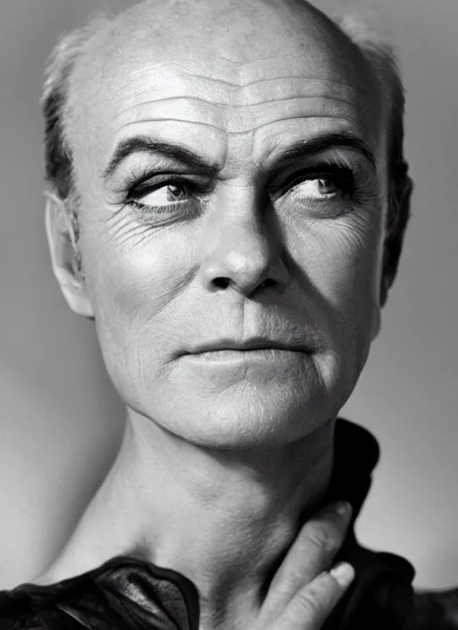 Image similar to genetic combination of sean connery and sigourney weaver, face and shoulders focus