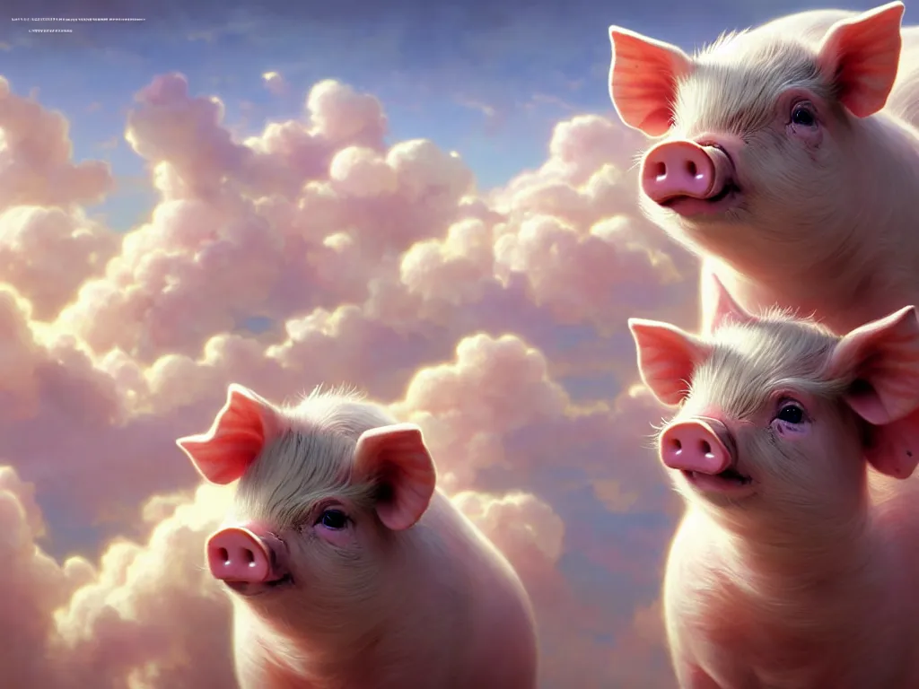 Image similar to cute pigs in the clouds, cute and cuddly, highly detailed, photorealistic, octane render, 8 k, unreal engine. art by artgerm and greg rutkowski and alphonse mucha