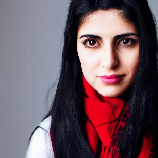 Prompt: A photorealistic portrait of an Iranian young woman with long black hair wearing a red scarf, DSLR Photograph, 8k