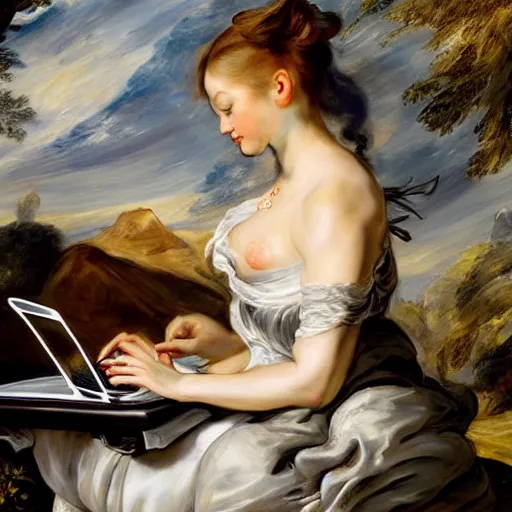 Image similar to heavenly summer sharp land sphere scallop well dressed lady working on her laptop auslese, by peter paul rubens and eugene delacroix and karol bak, hyperrealism, digital illustration, fauvist