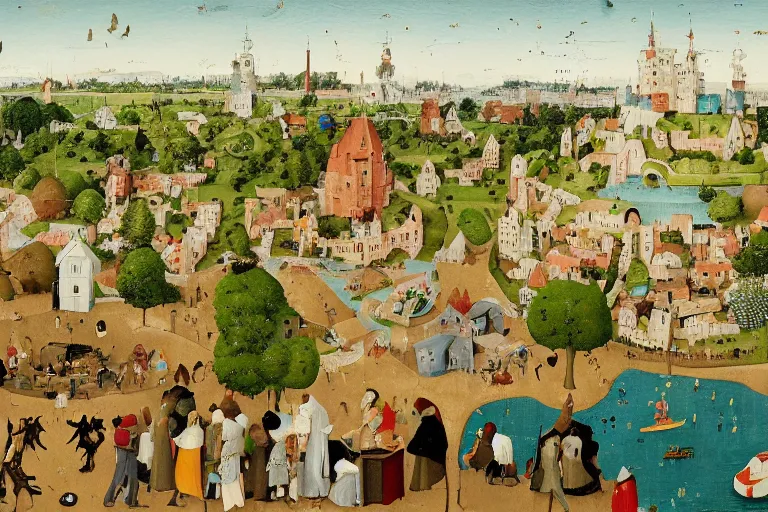 Image similar to an elaborate and dense painting of a peaceful neighborhood scene, detailed, made of alcohol ink on parchment and penned illustrations, by wes anderson and hieronymus bosch and geoff darrow