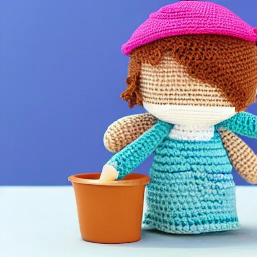 Image similar to product image of a cute crochet grandma made of crochet who's making a crochet. high resolution