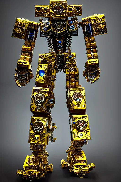 Image similar to a intricate ornate boxing humanoid mecha, punk, by war robots, real steel ( 2 0 1 1 ), westworld and pacific rim movie and ps 5 game machine warrior 5, cryengine, frostbite 3 engine, blue and yellow scheme, sharp focus, 8 k, high definition, insanely detailed, soft lighting, smooth face