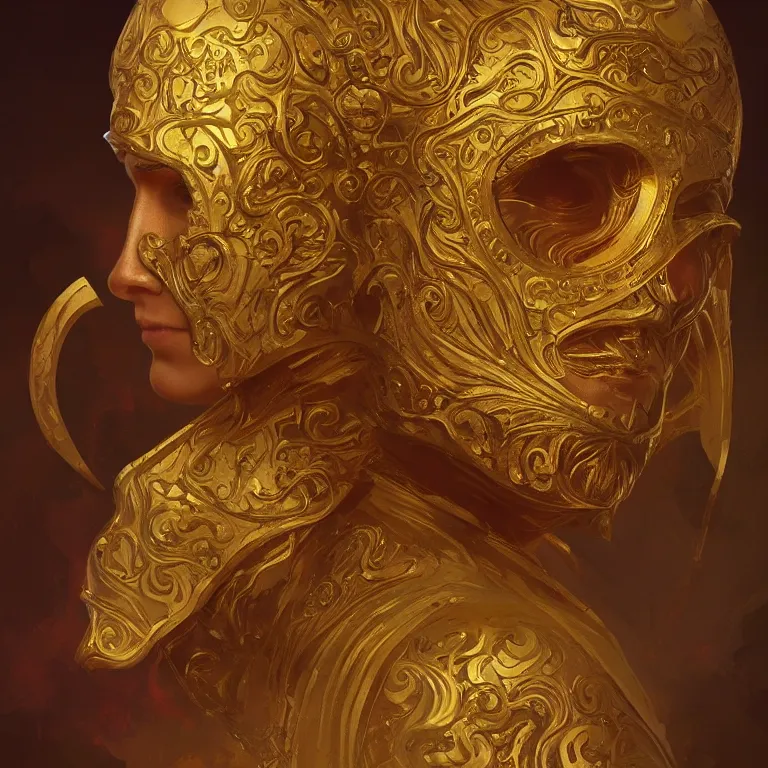 Image similar to portrait of a golden mask with three faces, D&D, fantasy, highly detailed, digital painting, artstation, smooth, sharp focus, illustration, art by artgerm and greg rutkowski and alphonse mucha