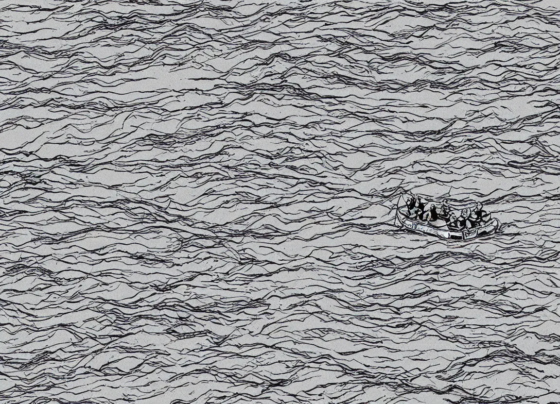 Prompt: a river rafting crew floating down a river, minimalist line drawing, clean long lines, ultra detailed