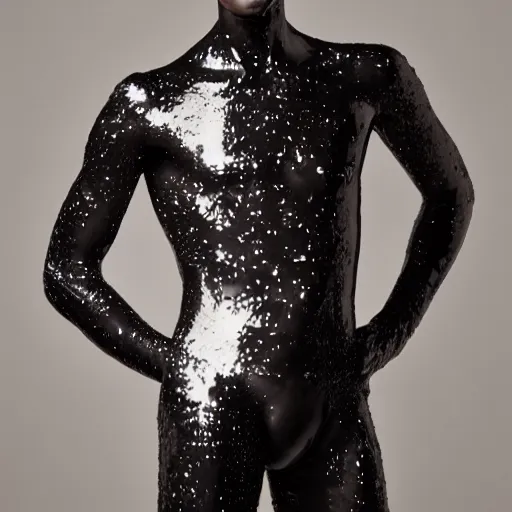 Image similar to a portrait of a beautiful young male wearing an alexander mcqueen bodysuit made of ceramic , photographed by andrew thomas huang, artistic