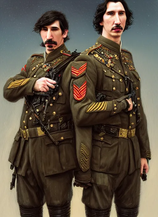 Prompt: a portrait of john oliver and adam driver posing together, stoic, military uniform, fantasy, intricate, elegant, beautiful, highly detailed, centered, digital painting, artstation, concept art, smooth, sharp focus, art style by klimt and nixeu and ian sprigger and wlop and krenz cushart