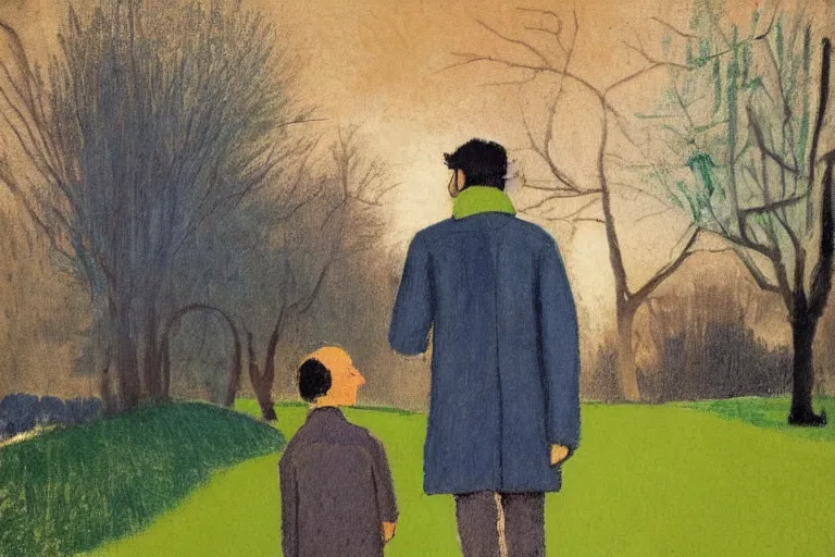 Prompt: a very tall man with dark hair holding the hands of a short young boy as they walk in a park on a bright beautiful winter day. part in the style of an edgar degas painting. part in the style of david hockney