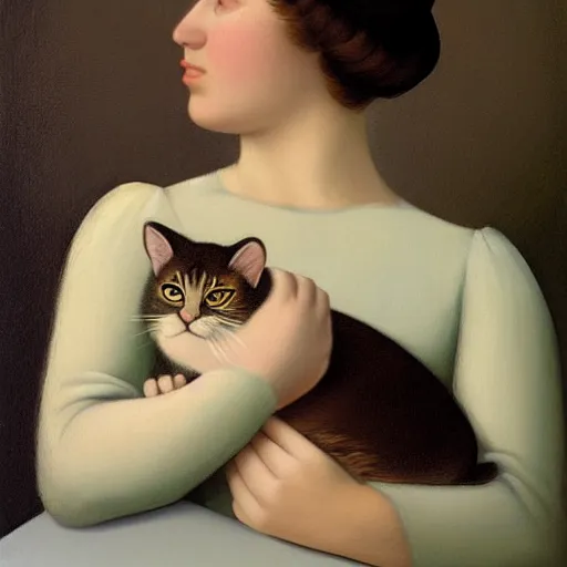 Image similar to a girl and her cat by Raphael, Hopper, and Rene Magritte. detailed, romantic, enchanting, trending on artstation.