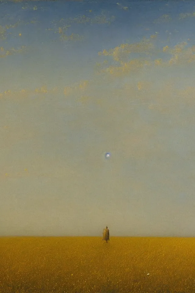 Prompt: painting of the back view of a humanoid robot, standing far away in the vast yellow wheat fields, looking at many gargantuan tall buildings located around the middle of the painting in the distant mirage by Ivan Aivazovsky