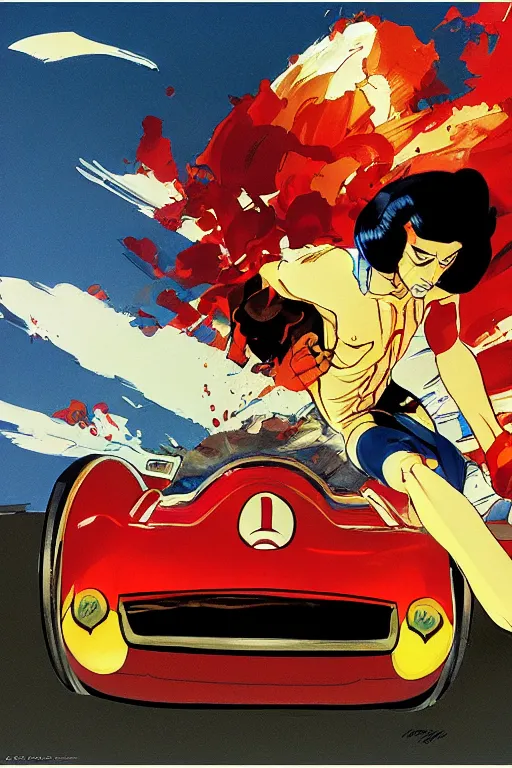 Prompt: full page illustration speed racer Mach GoGoGo diving out of his car at high speed, by Katsuhiro Otomo, Phil hale, Ashley wood, Ilya repin, frank frazetta, 8k, hd, high resolution print