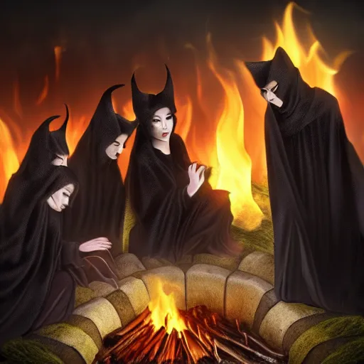 Image similar to a cult of black cloak wearing kittens summon a evil goddess from the depths of a raging fire pit. Flames are emerging from fissures in the ground.