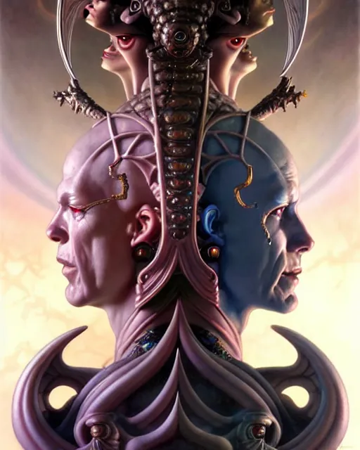 Image similar to beautiful gemini good and evil fantasy character portrait, ultra realistic, wide angle, intricate details, the fifth element artifacts, highly detailed by peter mohrbacher, hajime sorayama, wayne barlowe, boris vallejo, aaron horkey, gaston bussiere, craig mullins