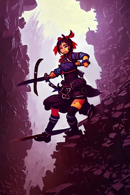 Prompt: A cute dog-girl thief protagonist with leather-strap-armor and ninja weapons is exploring the grimdarkest dungeon depths. trending on Pixiv. trending on ArtStation. A vibrant digital oil painting. A highly detailed fantasy character illustration by Wayne Reynolds, Jason Chan, Jesper Ejsing, Charles Monet, Gustave Dore, Carl Critchlow, Bram Sels