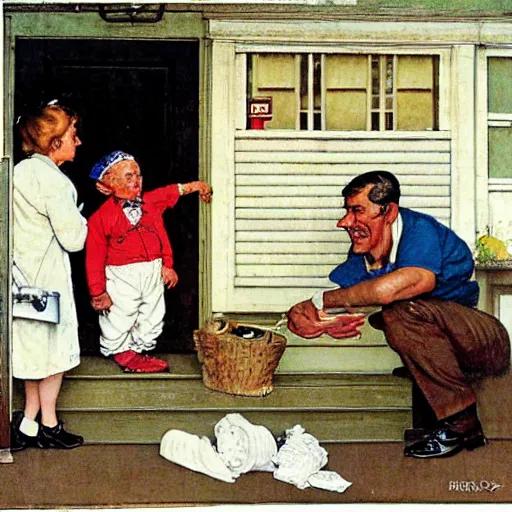 Prompt: in the style of norman rockwell a white neighborhood diaper salesman harasses an indian customer at the doorway of his house