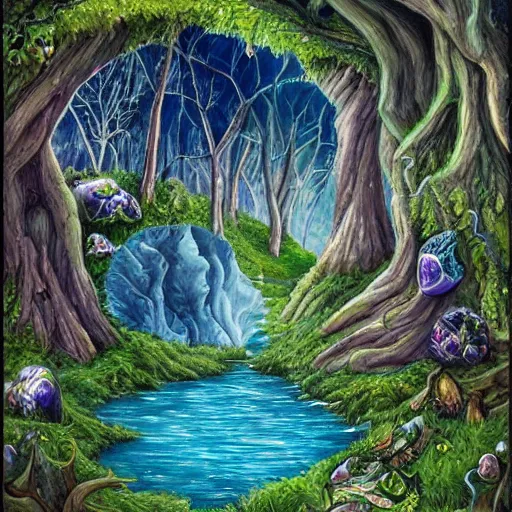 Image similar to an ultra detailed painting of a fantasy forest, nestled in the riverbank is a geode that is cracked open to reveal a witch's potions room in it