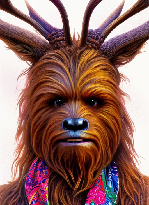 Prompt: symmetry!! portrait of chewbacca as antlered deer wearing a colorful scarf!, intricate, elegant, highly detailed, digital painting, artstation, concept art, smooth, sharp focus, illustration, art by artgerm and greg rutkowski and alphonse mucha, 8 k