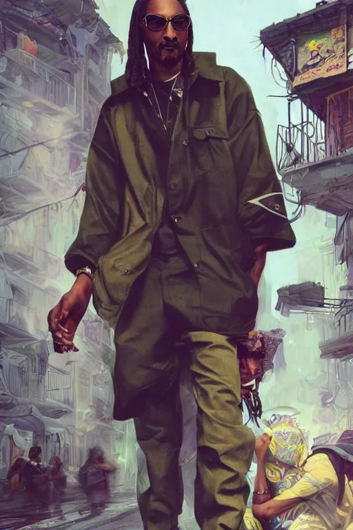 Image similar to male cottagecore snoop dogg, Calvin Cordozar Broadus Jr., police raid in the ghetto, peopl getting arrested, intricate, swagger, highly detailed, digital painting, artstation, concept art, smooth, sharp, focus, illustration, art by artgerm and greg rutkowski and alphonse mucha