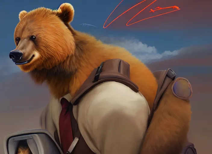 Image similar to character portrait feature of the anthro male anthropomorphic kamchatka brown bear fursona wearing airline pilot outfit uniform professional pilot for delta airlines character design stylized by charlie bowater, ross tran, artgerm, and makoto shinkai, detailed, soft lighting, rendered in octane