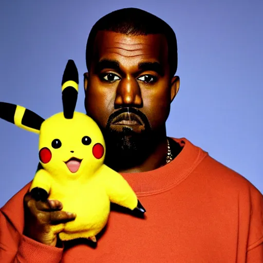 Image similar to Kanye West holding pikachu for a 1990s sitcom tv show, Studio Photograph, portrait C 12.0