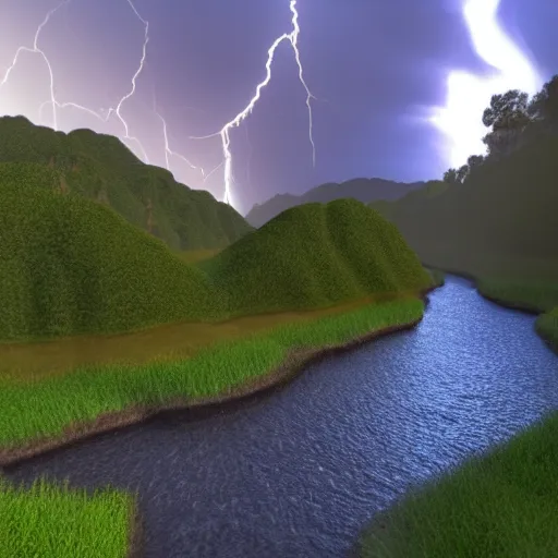 Prompt: photorealistic valley with rainbow river , volumetric lightning