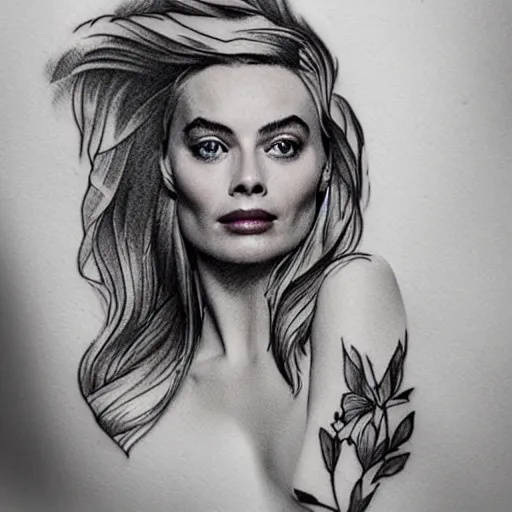 Prompt: tattoo design sketch with double exposure effect, margot robbie face and beautiful mountains, in the style of matteo pasqualin, amazing detail