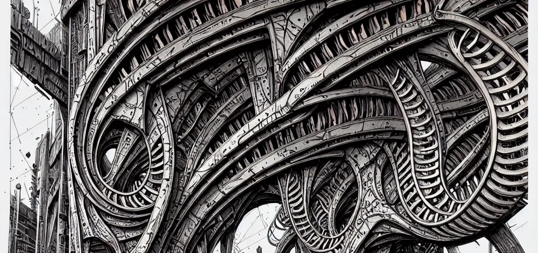 Image similar to a double helix dna cyberpunk steampunk carved archway, high details, lineart, by vincent di fate and joe fenton, inking, screen print, masterpiece, trending on artstation, sharp, high contrast, hyper - detailed, ultrawide, hd, 4 k, 8 k