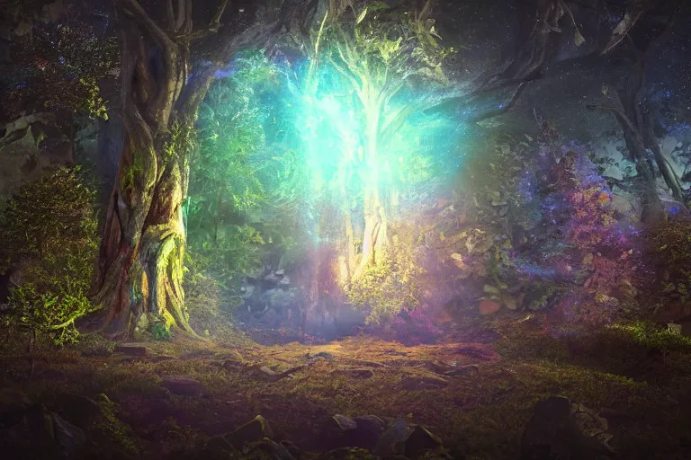 Image similar to A cosmic portal in a fantasy enchanted forest. Cinematic lighting. Photorealism.