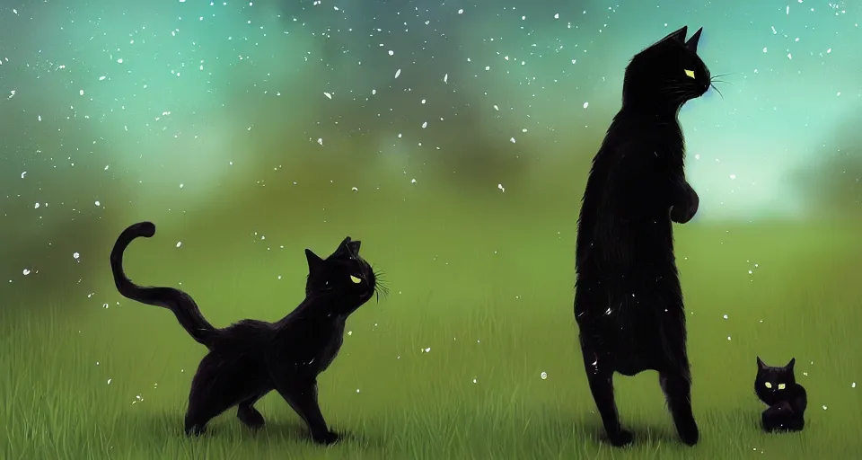 Image similar to black cat walking around in an open field at night with fireflies in the air and lots of stars in the sky, digital art, magical, trending on artstation