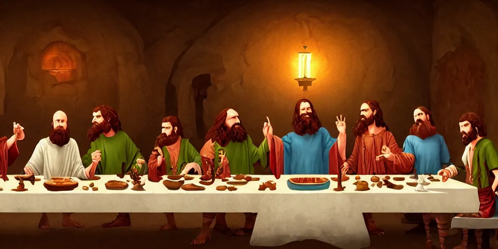 Prompt: dungeon and dragons last supper by wes anderson, digital painting, trending on artstation, sharp focus, 4 k