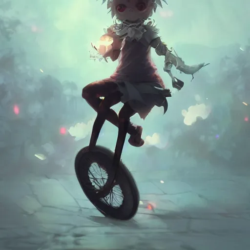 Image similar to a super cute demon riding a unicycle, anime, manga, kawaii, magical world, by greg rutkowski, sung choi, photo realistic, 8 k, cinematic lighting, hd, atmospheric, hyperdetailed, trending on artstation, devainart, digital painting, glow effect