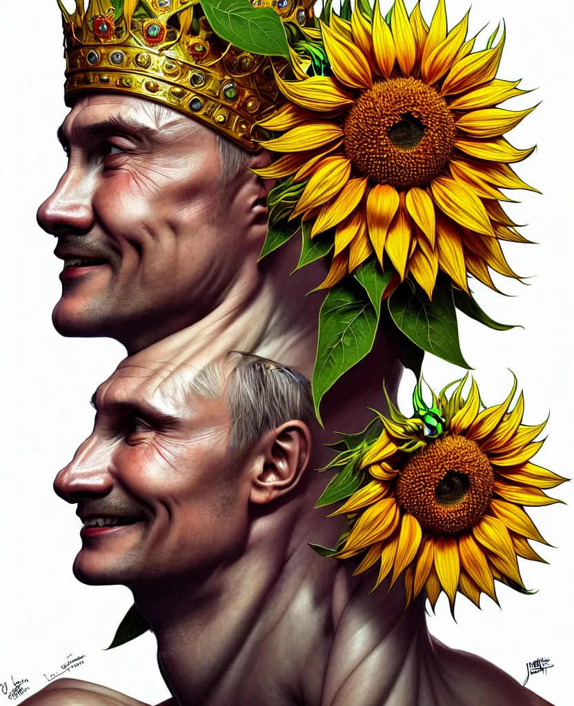 Image similar to digital art, centered full body of Putin smiling king, Sunflower crown, ,intricate, veins, by James Jean and by artgerm , by ross tran ultradetailed, charachter design, concept art, trending on artstation,