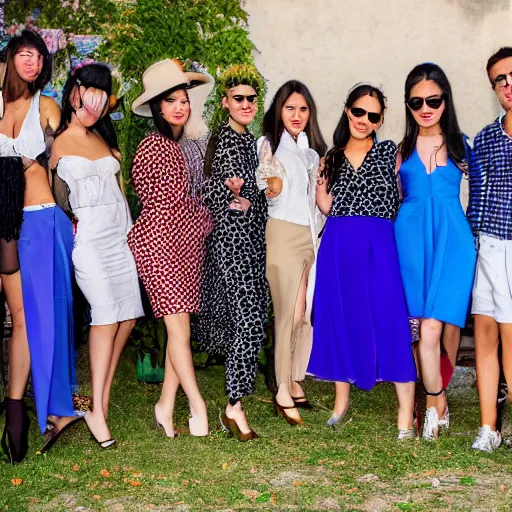 Image similar to a group of people are dressed in similiar fashion in an outdoor party in italy, wide lens shot, 3 0 mm, f 2. 8, concept party, themed object, high quality hd 8 k flash photography