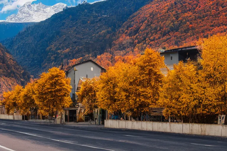 Prompt: warehouses lining a street, with an autumn mountain directly behind, lens compressed, photography
