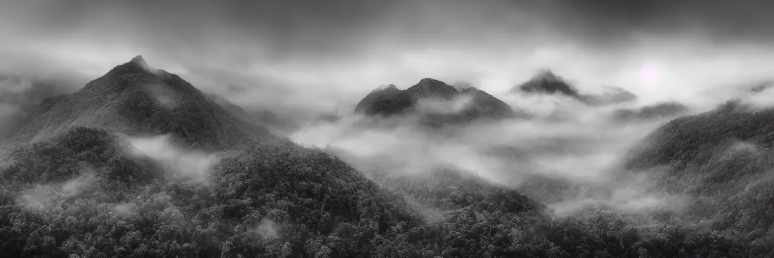 Image similar to monochrome photo of ambient and misty mountains