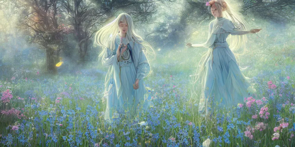 Image similar to breathtaking detailed concept art painting of walking in meadow goddess of light blue flowers, orthodox saint, with anxious, piercing eyes, ornate background, amalgamation of leaves and flowers, by Hsiao-Ron Cheng, James jean, Miho Hirano, Hayao Miyazaki, extremely moody lighting, 8K